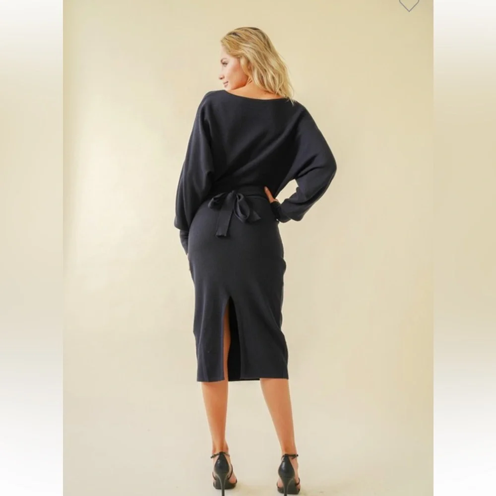 🆕Sweater Dress Dolman Sleeve Boat Neck Navy Belted Waist S, M & L Available - Picture 5 of 7